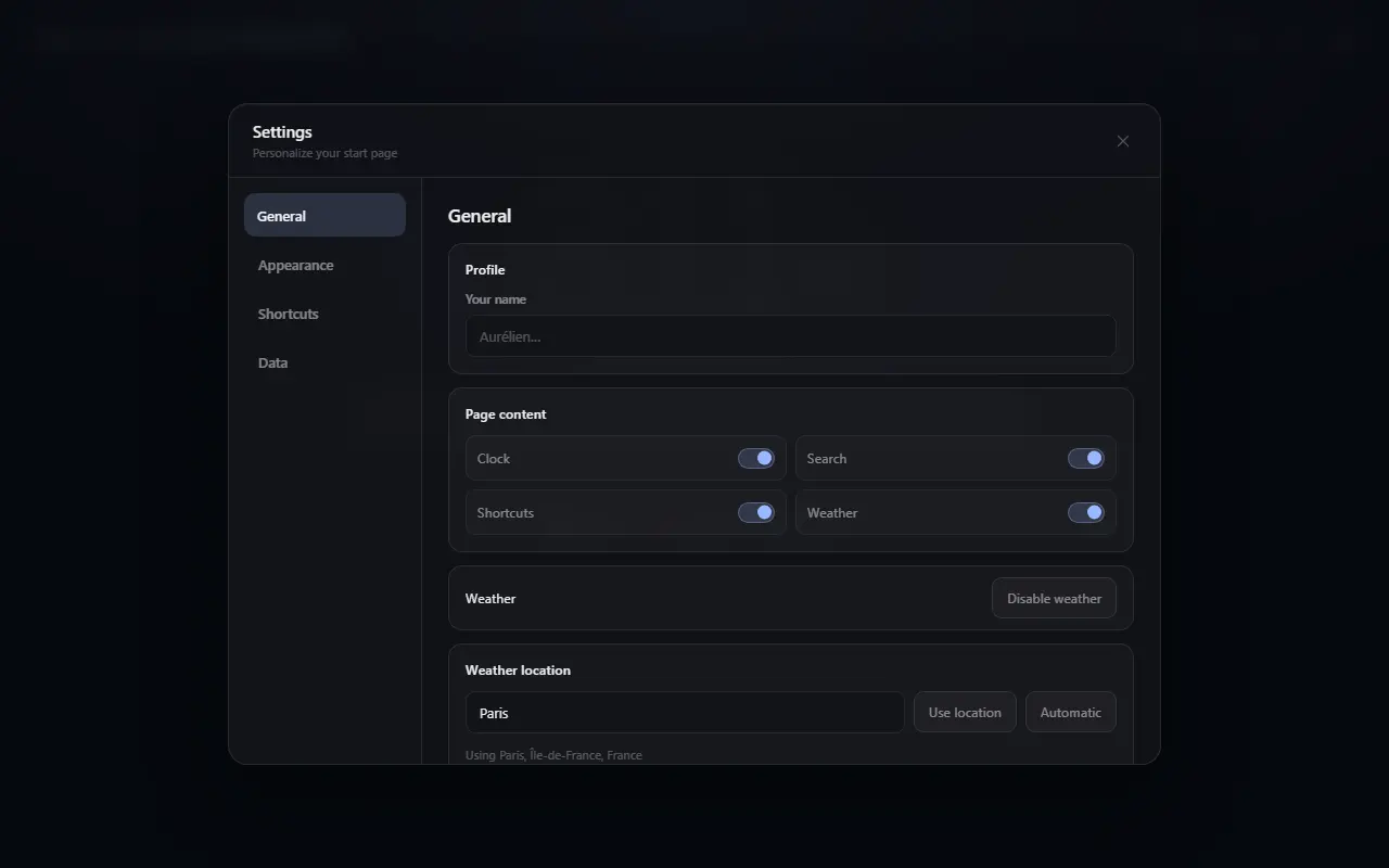 Mist settings panel for a Chrome new-tab replacement