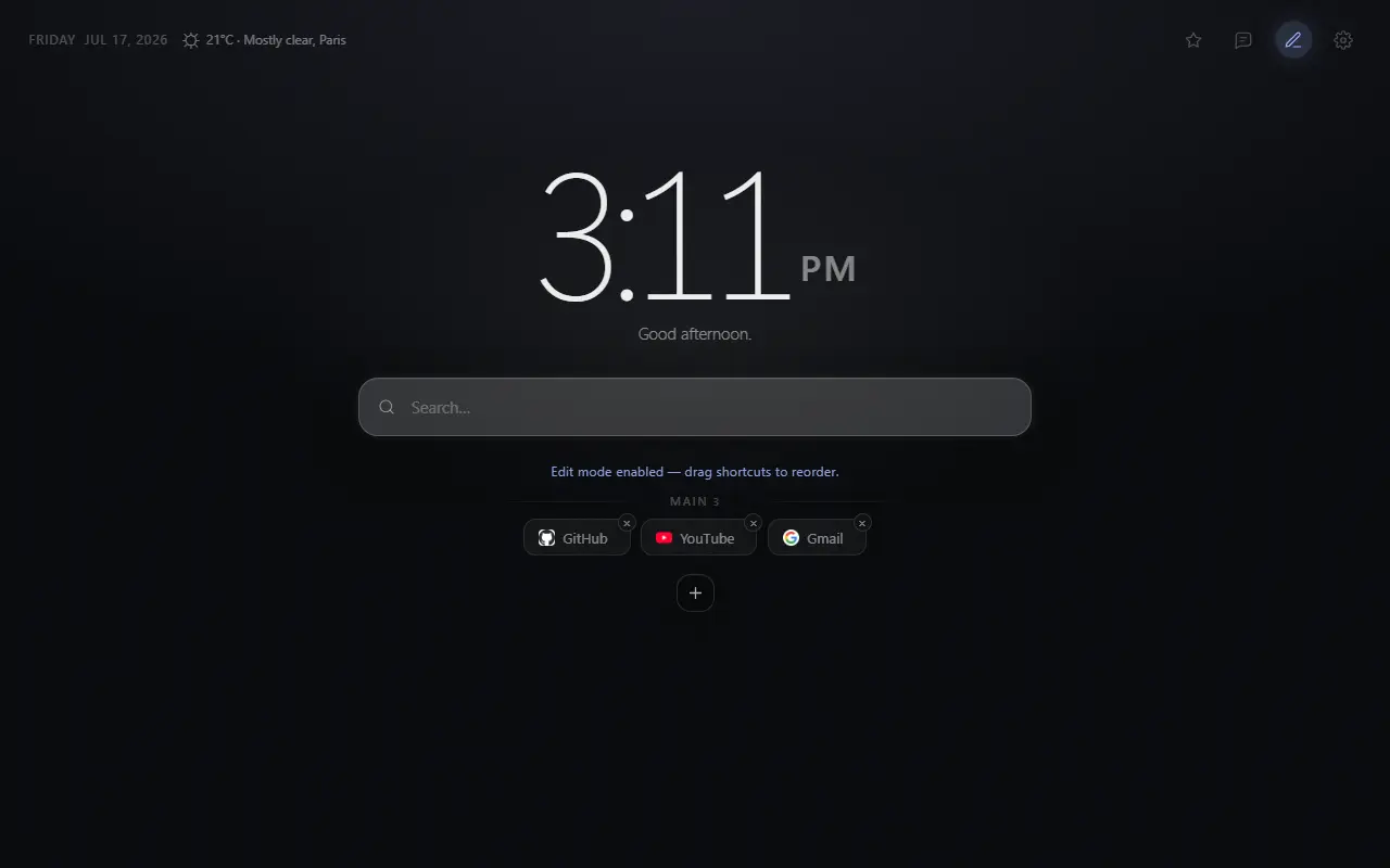 Mist new tab in edit mode with draggable shortcut groups and an add-shortcut control