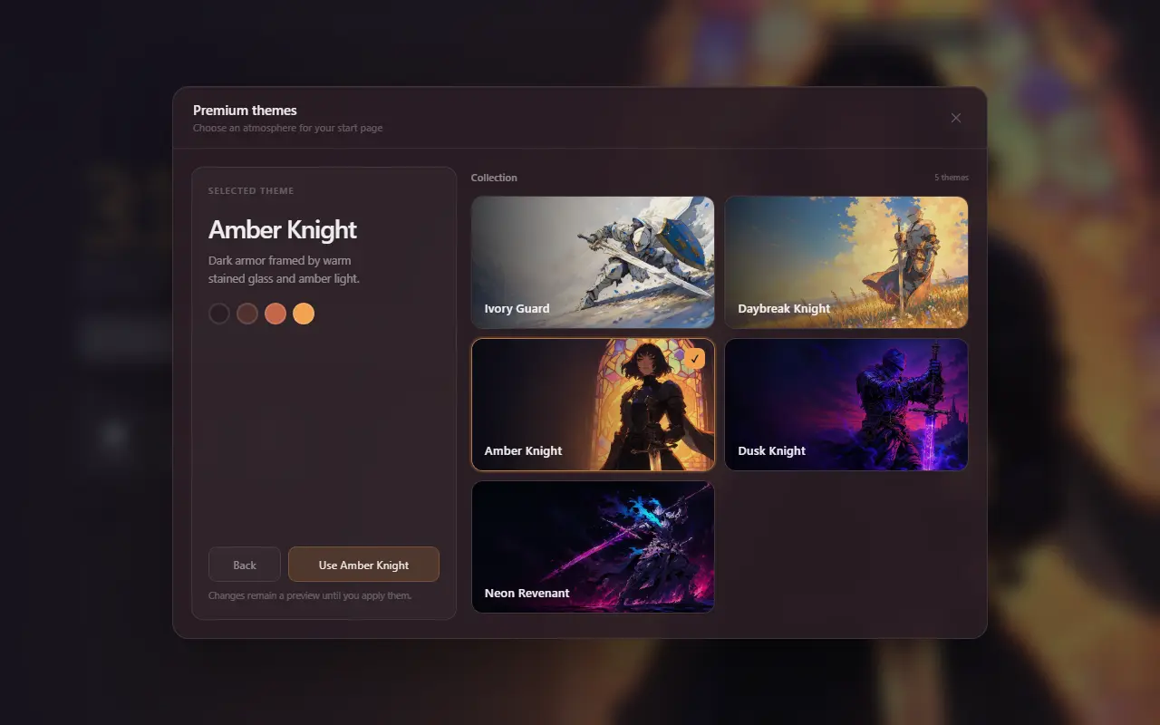 Mist appearance panel showing multiple base colors and illustrated new tab themes
